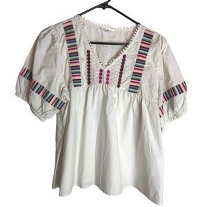 THML Womens Embroidered Puff Sleeve Babydoll Top Off White Boho V-Neck Medium